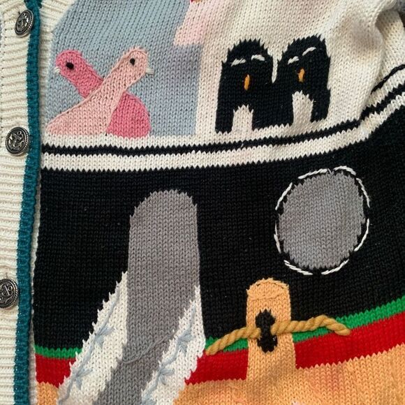 Vintage 90s Noah’s Ark Cardigan Sweater Bright Pattern Blue Animal Print Knit - Picture 7 of 11